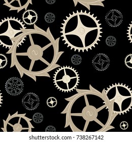 Seamless image of cogwheels of the clockwork against a dark background. Vector color background.