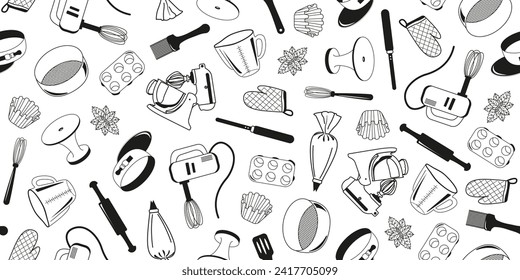 Imagen sin inconvenientes de artículos de confitería al estilo doodle. Banner horizontal de atributos para caramelos de cocina. Tapa vectorial de mezclador, tamiz, molde de torta y espátula.