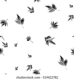 Seamless with the image of the falling of autumn leaves monochrome. Vector illustration. Black-and-white color scheme.