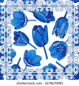 Seamless image of flowers in blue and white. Figure tulip buds in a frame from an ornament on a white background. Suitable for different surfaces, as well as for scarves.