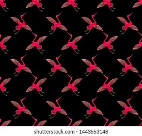 

Seamless image of a goose. pink. with a black background. vector illustration.