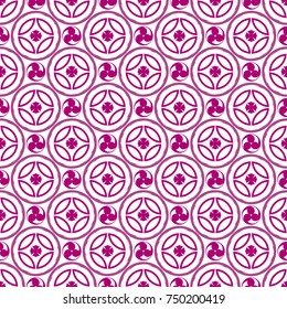 The seamless image of the Japanese symbol tomoe - three drops on a light background. Vector color background.
