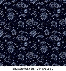 Seamless image of a magical, starry sky with a crescent moon. Packaging and fabric design.