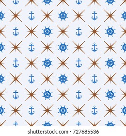 Seamless image of a steering wheel, anchor and wind rose. Vector color background.

