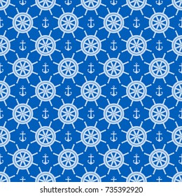 The seamless image of a steering wheel and anchor on darkly blue background. Vector color background.