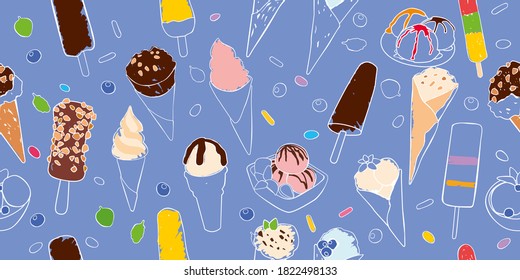 Seamless image. Various types of ice cream. Linear drawing and colored spots