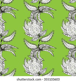 Seamless image white doodles flowers on a green background. Vector illustration.