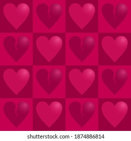 Seamless image with whole and split hearts on a purple background. Vector design.