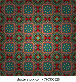 Seamless impressive Mandalas pattern. Abstract blue, pink and brown psychedelic print. Fabric, wallpaper, cloth and textile design. Vector eco-styled background. Modern urban dazzle paint.