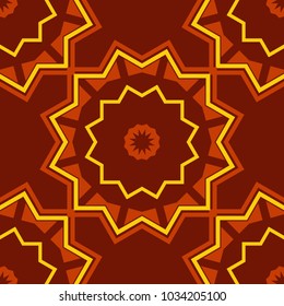 Seamless impressive Mandalas pattern. Fabric, wallpaper, cloth and textile design. Vector eco-styled background. Abstract orange, yellow and red psychedelic print. Modern urban dazzle paint.