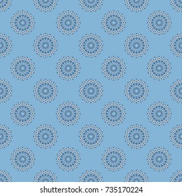 Seamless impressive Mandalas pattern. Fabric, wallpaper, cloth and textile design. Vector eco-styled background. Abstract black, white and blue psychedelic print. Modern urban dazzle paint.