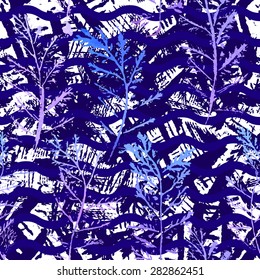 Seamless imprints pattern of the branched herbs. Grungy botanics stamp.