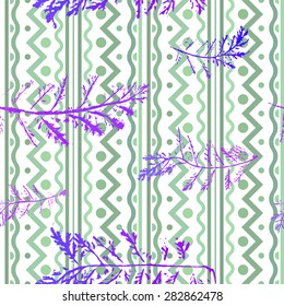 Seamless imprints pattern of the branched herbs. Grungy botanics stamp.