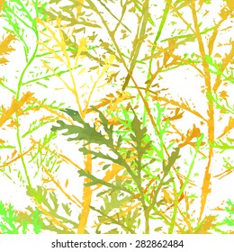 Seamless imprints pattern of the branched herbs. Grungy botanics stamp.