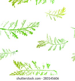 Seamless imprints pattern of the branched herbs. Grungy botanics stamp.