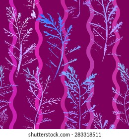 Seamless imprints pattern of the branched herbs. Grungy botanics stamp.