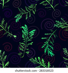 Seamless imprints pattern of the branched herbs. Grungy botanics stamp.