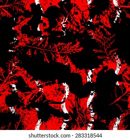Seamless imprints pattern of the branched herbs. Grungy botanics stamp.