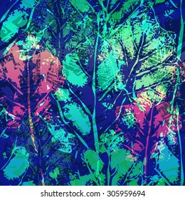 Seamless imprints pattern of the leafs. Grungy botanics stamp.