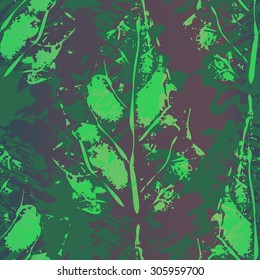 Seamless imprints pattern of the leafs. Grungy botanics stamp.