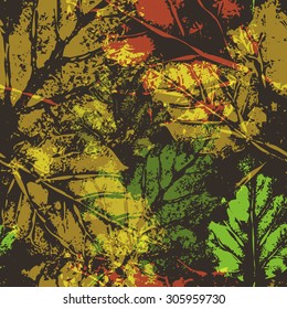 Seamless imprints pattern of the leafs. Grungy botanics stamp.