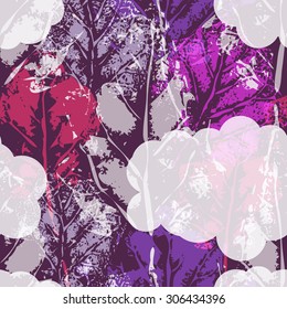 Seamless imprints pattern of the leafs. Grungy botanics stamp.