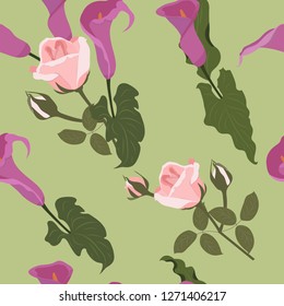 Seamless incredibly beautiful, juicy, bright, vector pattern with gentle pink tropical flowers - calla lilies and roses. Ideal for textiles, fabrics, prints and accessories.