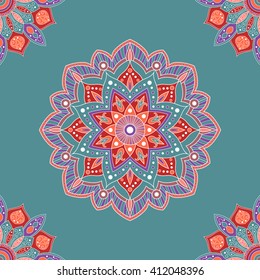 Seamless india background for wrapping paper, fabric or wallpaper. Hand drawn oriental ornament mandala decoration. Indian, ethnic, tribal, peru, floral mandala pattern.