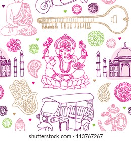 Seamless india buddha oriental travel illustration background pattern in vector