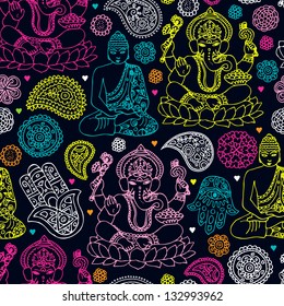 Seamless india travel icon hand drawn illustration background pattern in vector