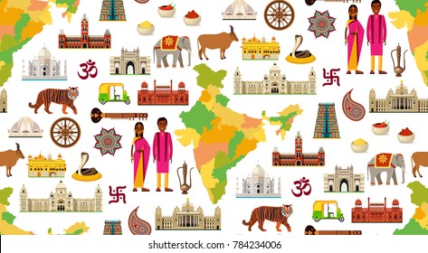 Seamless India Travel Pattern with Sightseeing Places. Vector Illustration.