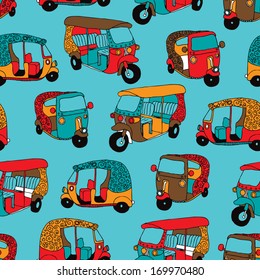 Seamless india tuctuc auto rickshaw illustration background pattern in vector