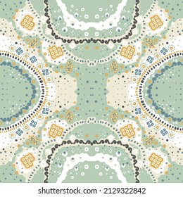 seamless indian bandana pattern design. Ethnic antique design. Batik print. Small elements on green spring background. Vector collage ornament.