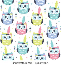 seamless indian boho style owls pattern vector illustration