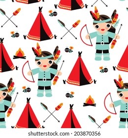 Seamless indian boys with feather arrow illustration background pattern in vector