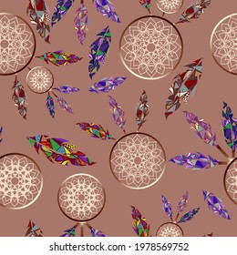 Seamless indian dreamcatchers abstract feathers pattern beige background