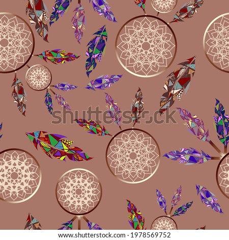 Seamless indian dreamcatchers abstract feathers pattern beige background