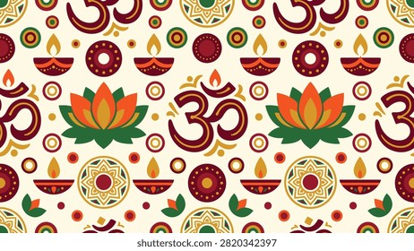 Seamless Indian festival pattern featuring Om symbols, lotus flowers, and lit diyas. Flat vector illustration EPS 10.