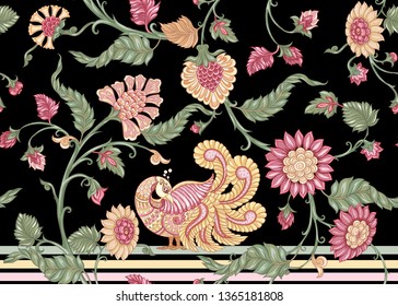 Seamless Indian floral ethnic pattern with bird. Colored vector illustration.  Isolated on black background.