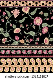 Seamless Indian floral ethnic pattern. Colored vector illustration.  Isolated on black background.