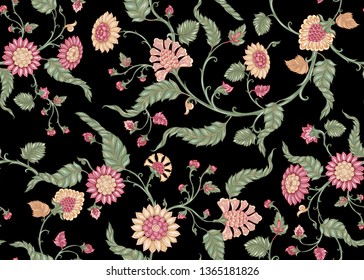 Seamless Indian floral ethnic pattern. Colored vector illustration.  Isolated on black background.