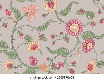 Seamless Indian Floral Ethnic Pattern. Colored Vector Illustration. On Beige Background.