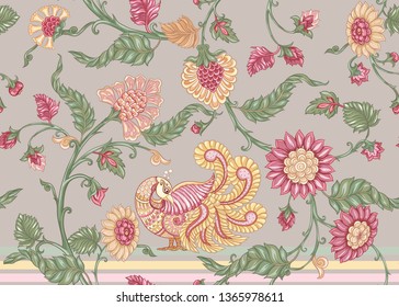 Seamless Indian floral ethnic pattern with bird. Colored vector illustration. On beige background.