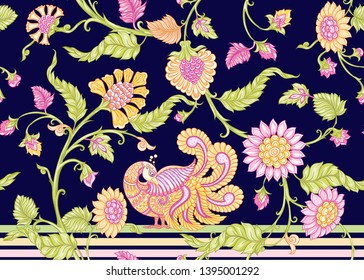 Seamless Indian floral ethnic pattern with bird. Colored vector illustration. On navy blue background.