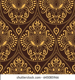 Seamless Indian floral paisley pattern. Ethnic Mandala ornament. Vector Henna style. Vintage decorative round elements and lace frame. Hand drawn background. Islam, Arabic, Indian, Pakistan motifs.
