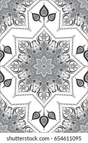 Seamless Indian floral paisley pattern. Ethnic Mandala ornament. Vintage decorative round elements and lace frame. Hand drawn background. Islam, Arabic, Indian, Pakistan motifs.