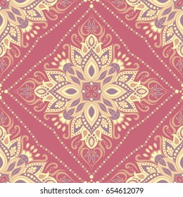 Seamless Indian floral paisley pattern. Ethnic Mandala ornament. Vector Henna style. Vintage decorative round elements and lace frame. Hand drawn background. Islam, Arabic, Indian, Pakistan motifs.