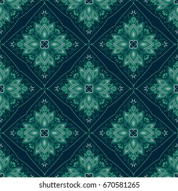 Seamless Indian floral paisley pattern. Ethnic Mandala ornament. Vector Henna style. Vintage decorative round elements and lace frame. Hand drawn background. Islam, Arabic, Indian, Pakistan motifs.