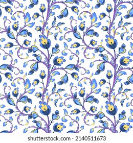 Patrón floral indio impecable. Delicado espiral azul púrpura primavera con flores florecientes. Asombrosa colección de paisajes étnicos para imprimir y textiles