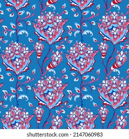 Patrón floral indio impecable. Delicada primavera roja y azul con flores florecientes. Asombrosa colección de paisajes étnicos para imprimir y textiles